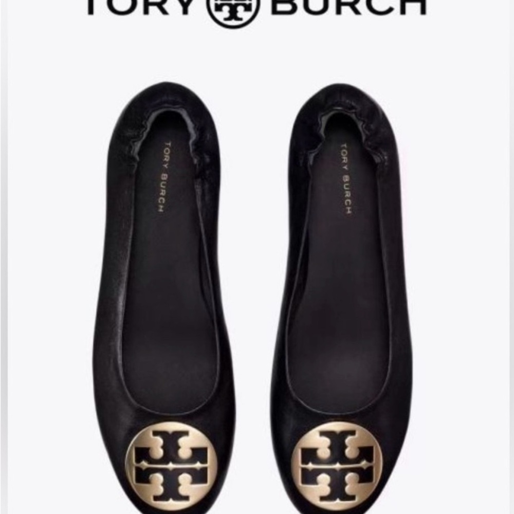 Tory‎ Burch Black Leather Ballet Flats with Gold Logo Medallion